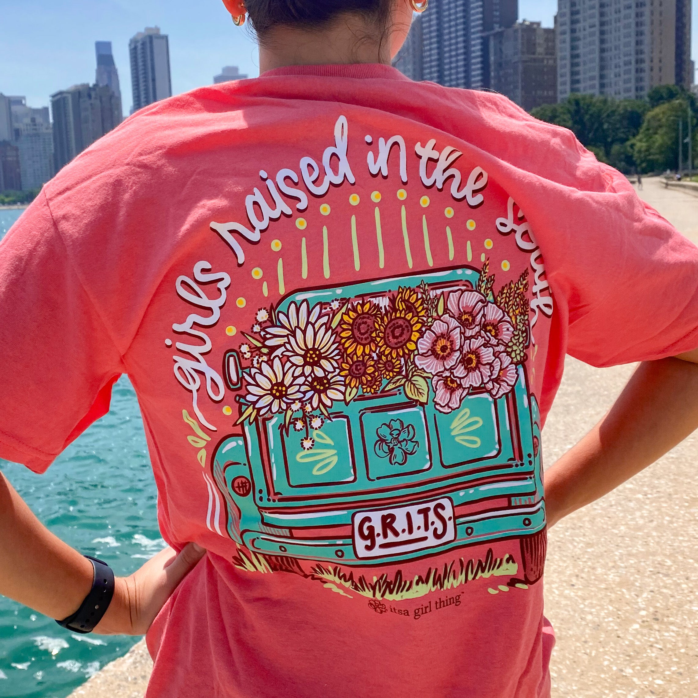GRITS Truck - Girls Raised In The South T-Shirt in Coral