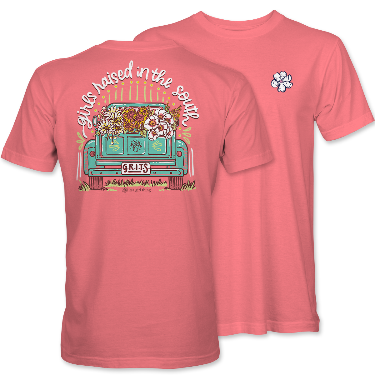 GRITS Truck - Girls Raised In The South T-Shirt in Coral